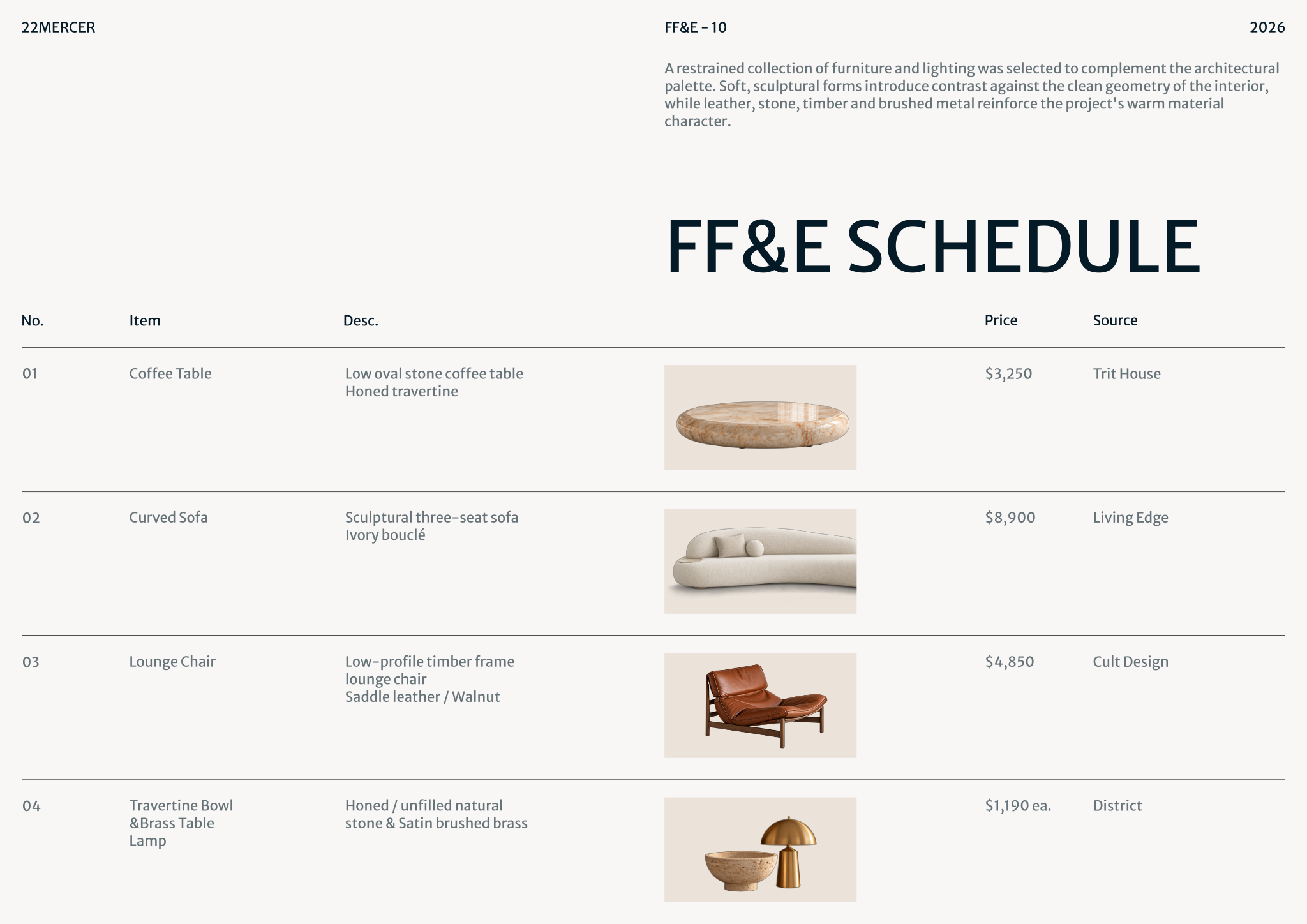 Page from the 22 MERCER - Materials & FF&E template