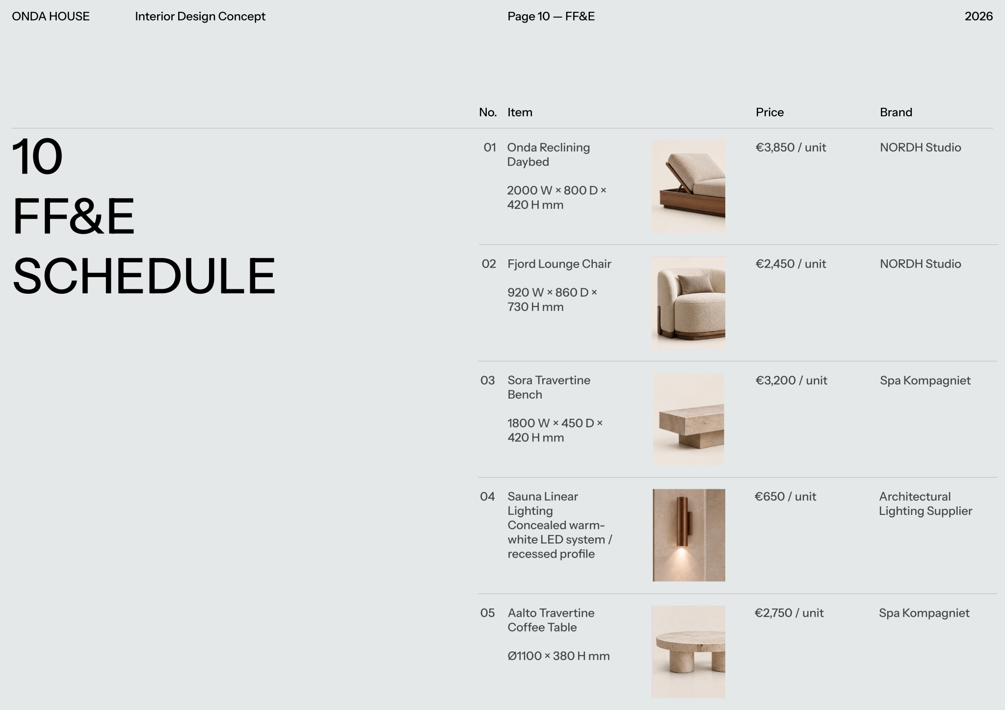 Page from the ONDA HOUSE - Material selection template