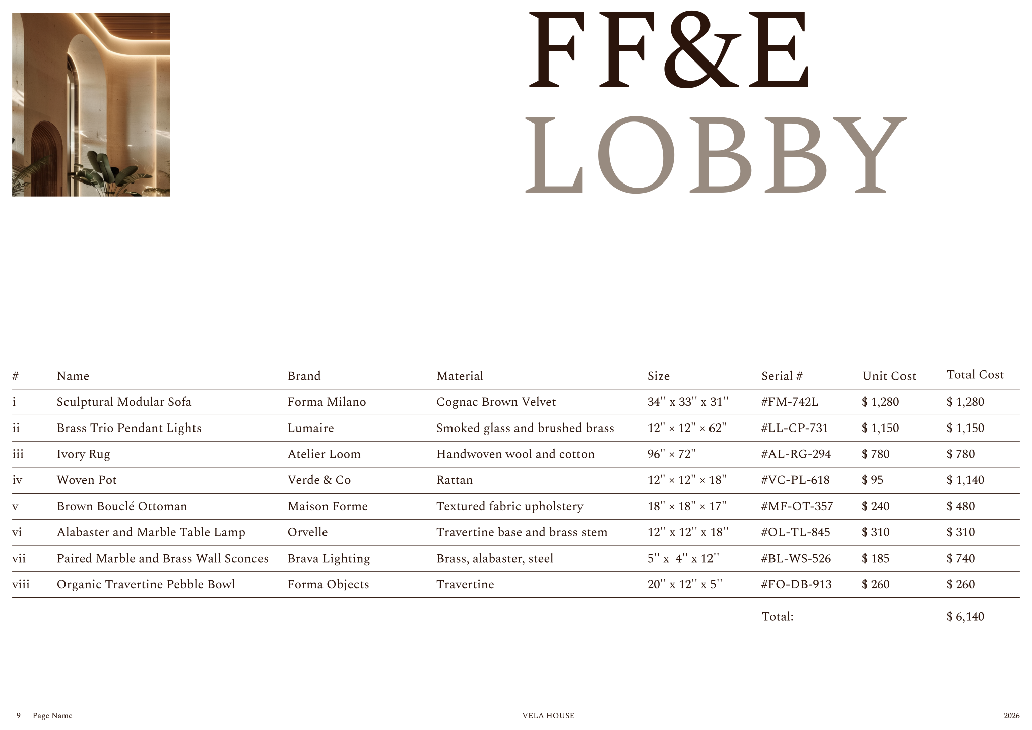 Page from the Material selection & FF&E - Luxury hotel template