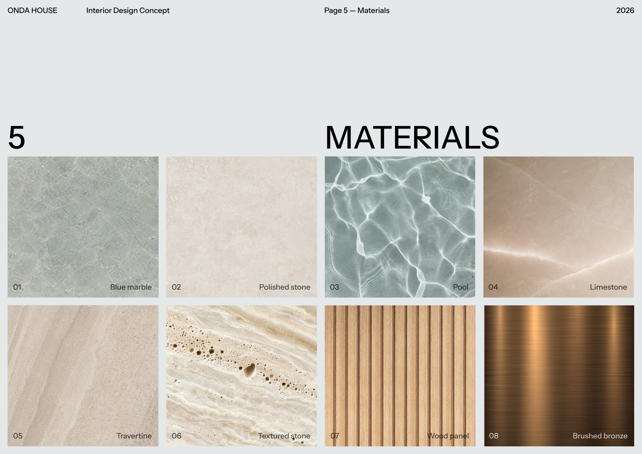 Page from the ONDA HOUSE - Material selection template